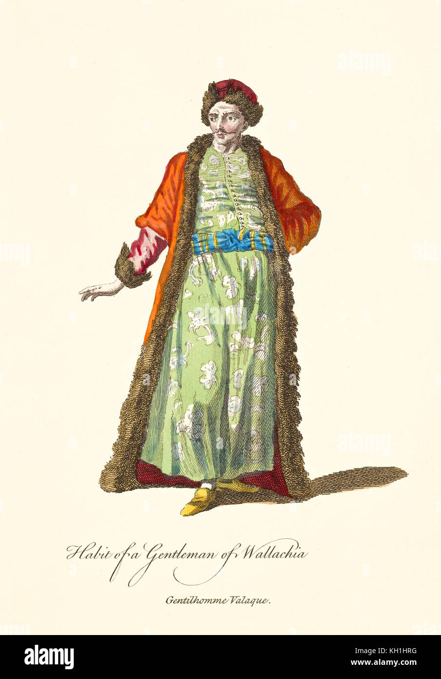Wallachian Gentleman in traditional dresses. Fur hat and long orange coat. Old illustratiion by J.M. Vien, publ. T. Jefferys, London, 1757-1772 Stock Photo