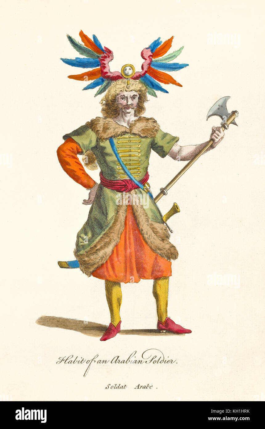 Arabian Soldier in antique orange and green uniform holding a long axe. Old illustration by J.M. Vien, publ. T. Jefferys, London, 1757-1772 Stock Photo