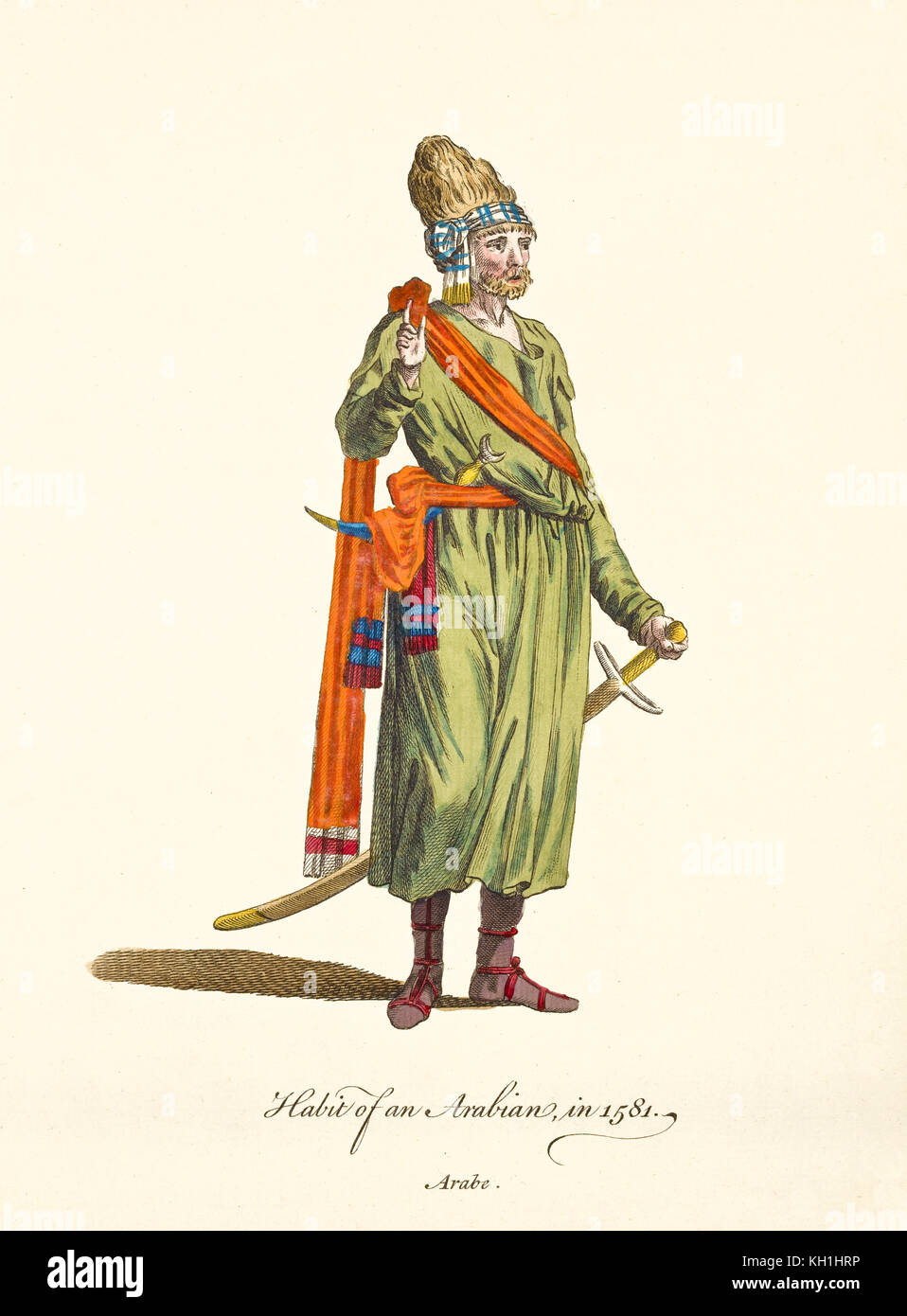 Arabian man in traditional dresses in 1581. Warrior clothes with sworld and dagger. Old illustratiion by J.M. Vien, publ. T. Jefferys, 1757-1772 Stock Photo