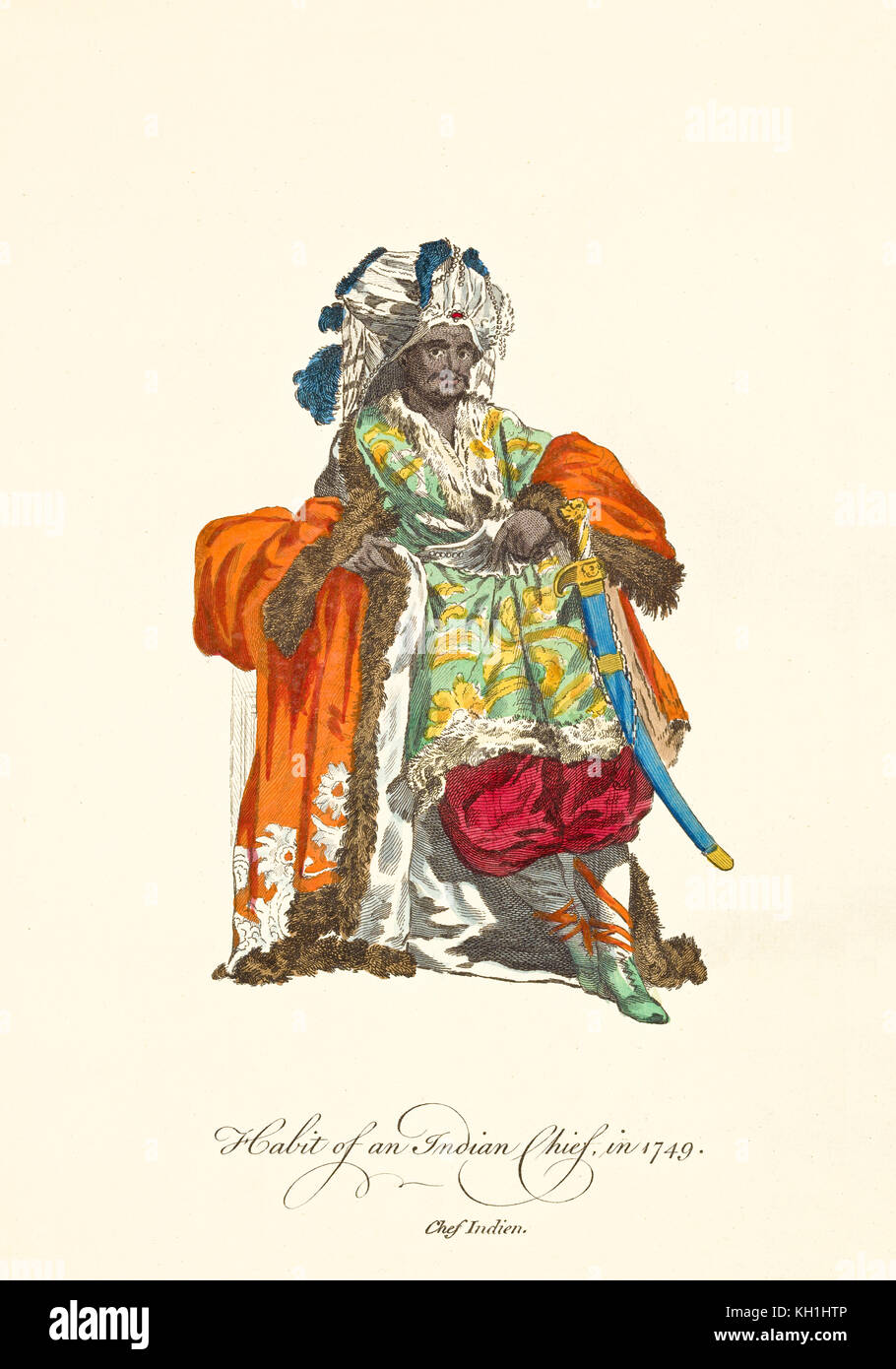 Old illustratiion of Indian Chief in traditional dresses in 1749. By J.M. Vien, publ. T. Jefferys, London, 1757-1772 Stock Photo