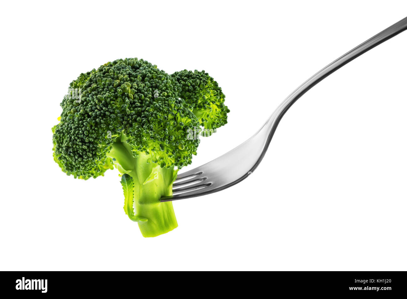 Fork with Broccoli isolated on White Background Stock Photo