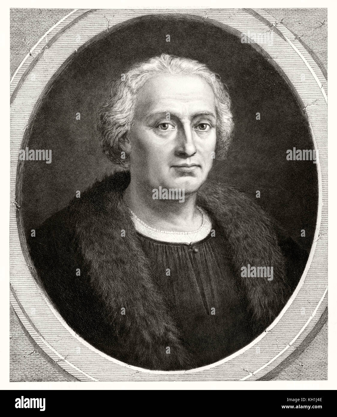 Old bust portrait of Christopher Columbus (1451 – 1506), Italian explorer and navigator. By unidentified author, publ. in Washington, 1892 Stock Photo