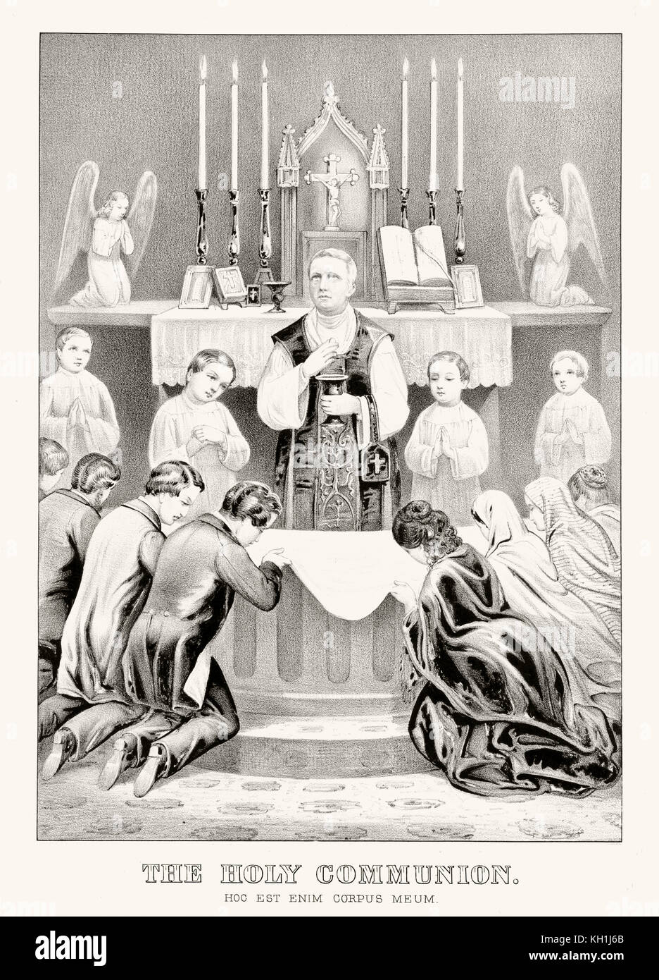 Old illustration depicting priest consecrating Eucharist during Mass
