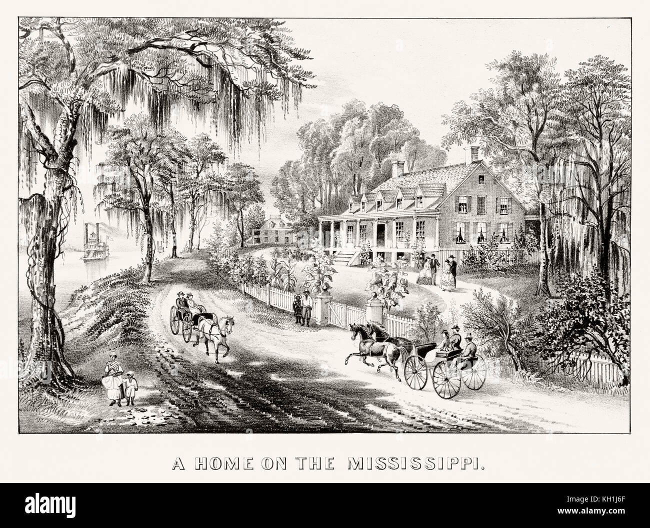 Old illustration of an home on the bank of Mississippi river, U.S.. By Currier & Ives, publ. in New York, 1871 Stock Photo