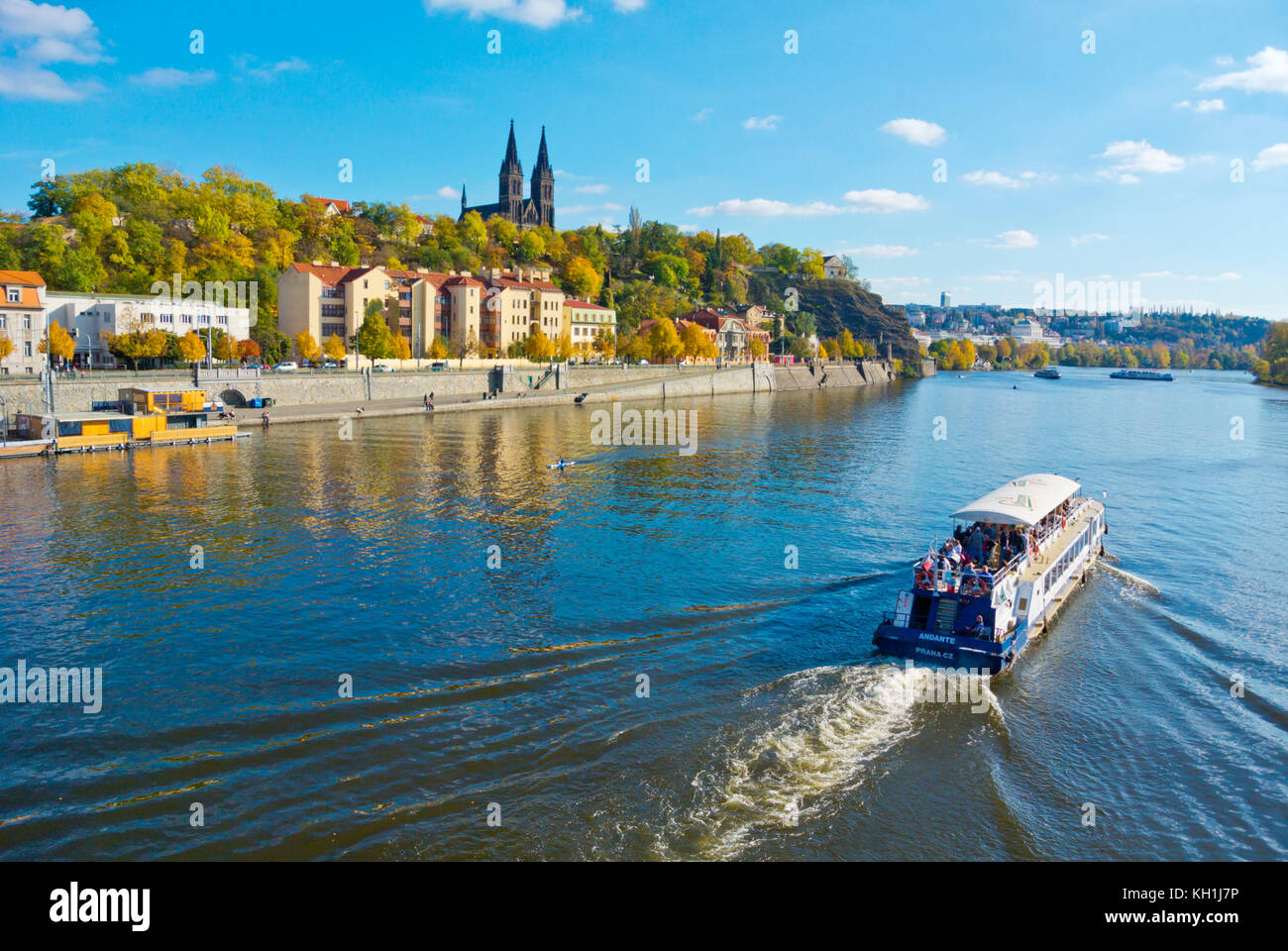 Private sightseeing cruise boat, in front of Vysehrad, Prague, Czech Republic Stock Photo