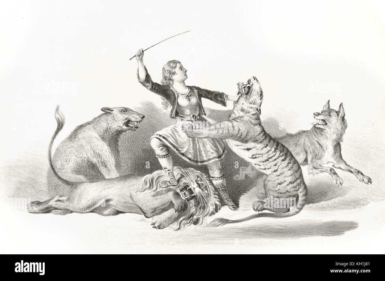 Old illustration of a girl lion tamer. By unidentified author, publ. in Cincinnati, 1872 Stock Photo