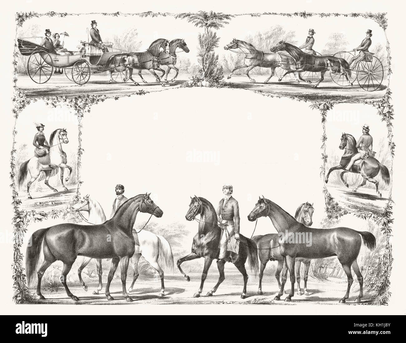 Old livery card framed by riding decorations. By unidentified author, publ. in Cincinnati, 1861 Stock Photo