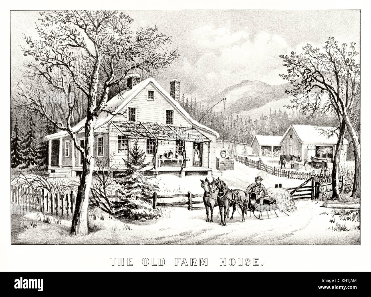Antique illustration of an old farm house. By Currier & Ives, publ. in New York, 1872 Stock Photo