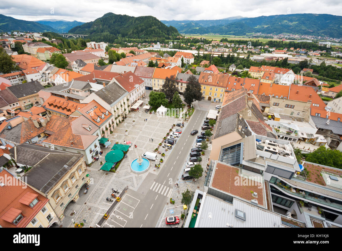 Judenburg, a historic town in Styria, Austria, bird's eye view seen from the city tower. Stock Photo