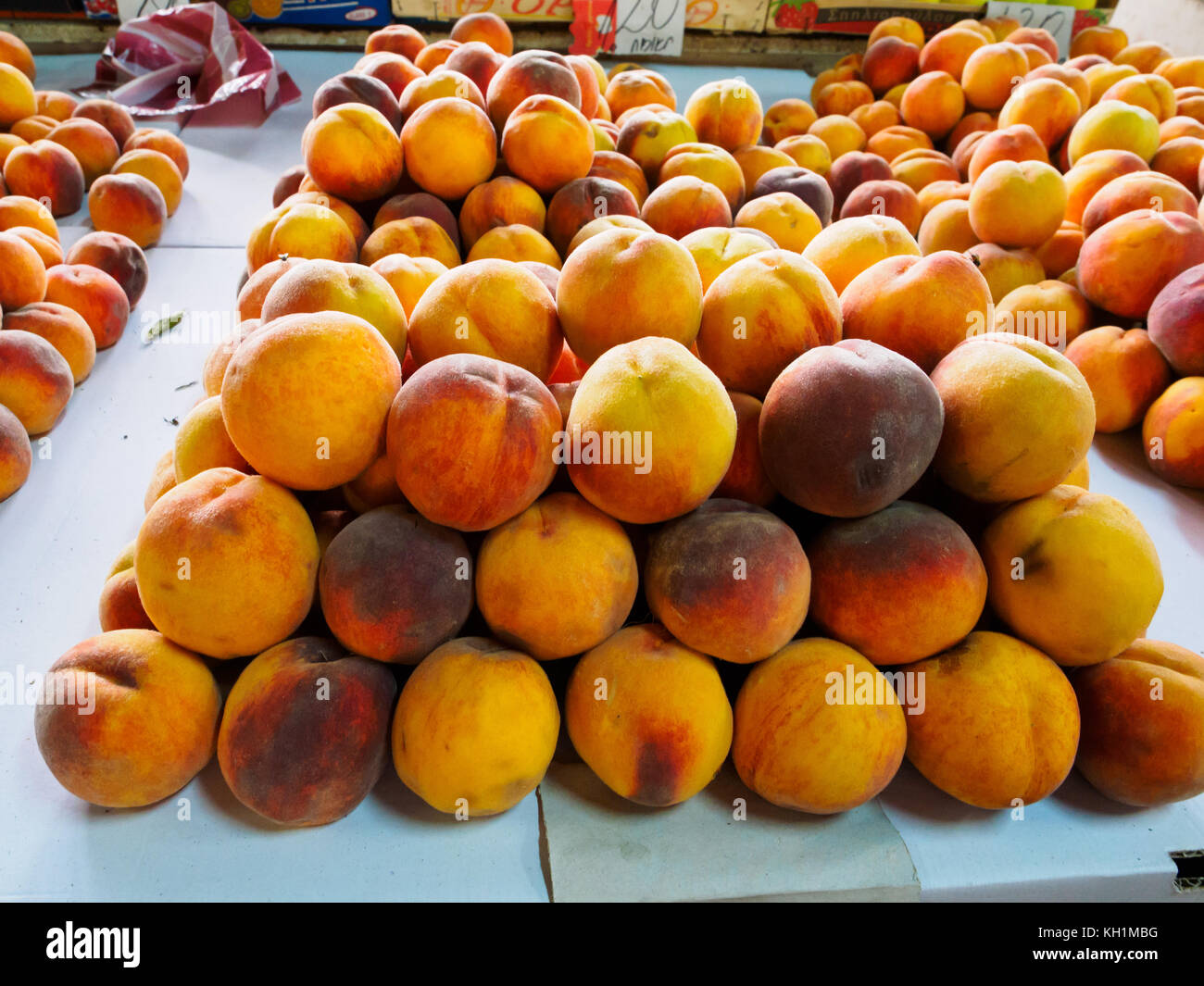 Heaps of peaches found in a fruit market in Haskovo. Stock Photo