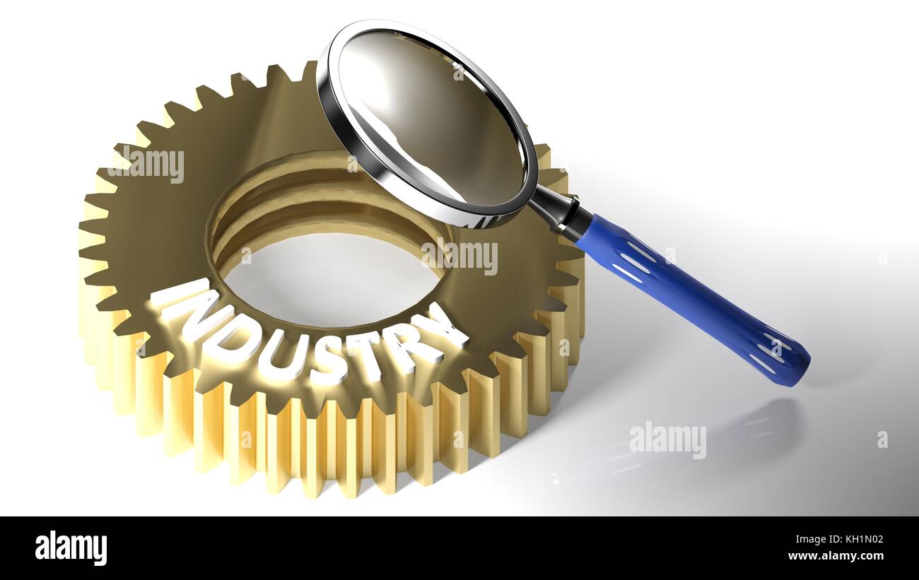 Magnifier on industry gear - 3D rendering Stock Photo - Alamy