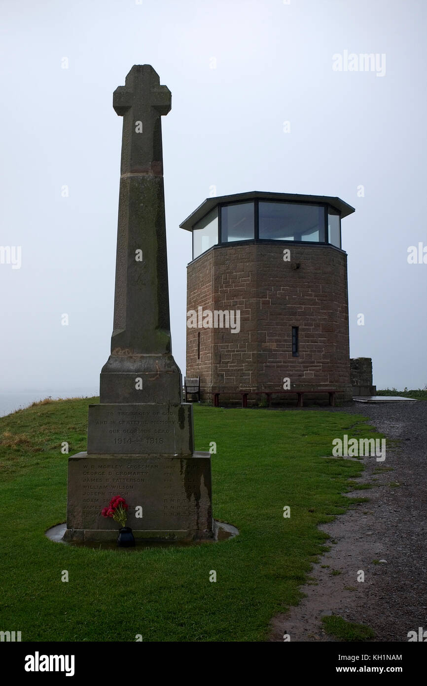Lutyens designed Great War/WW2 Memorial standing by the old lookout tower on The Heugh at Holy Island near commemorating the war dead of Lindisfarne. Stock Photo