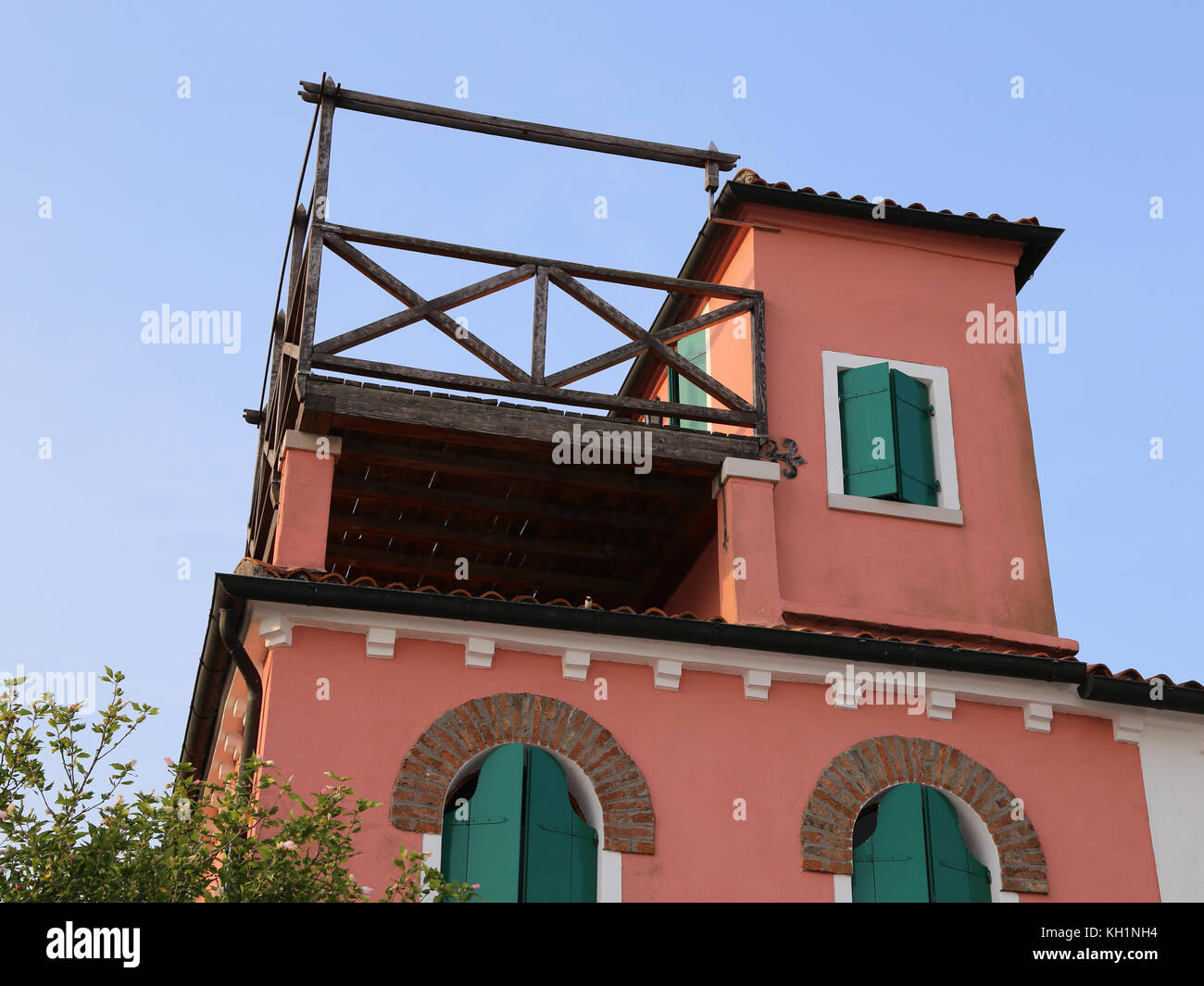 Detail of house with a roof terrace called Altana in Italian language Stock Photo