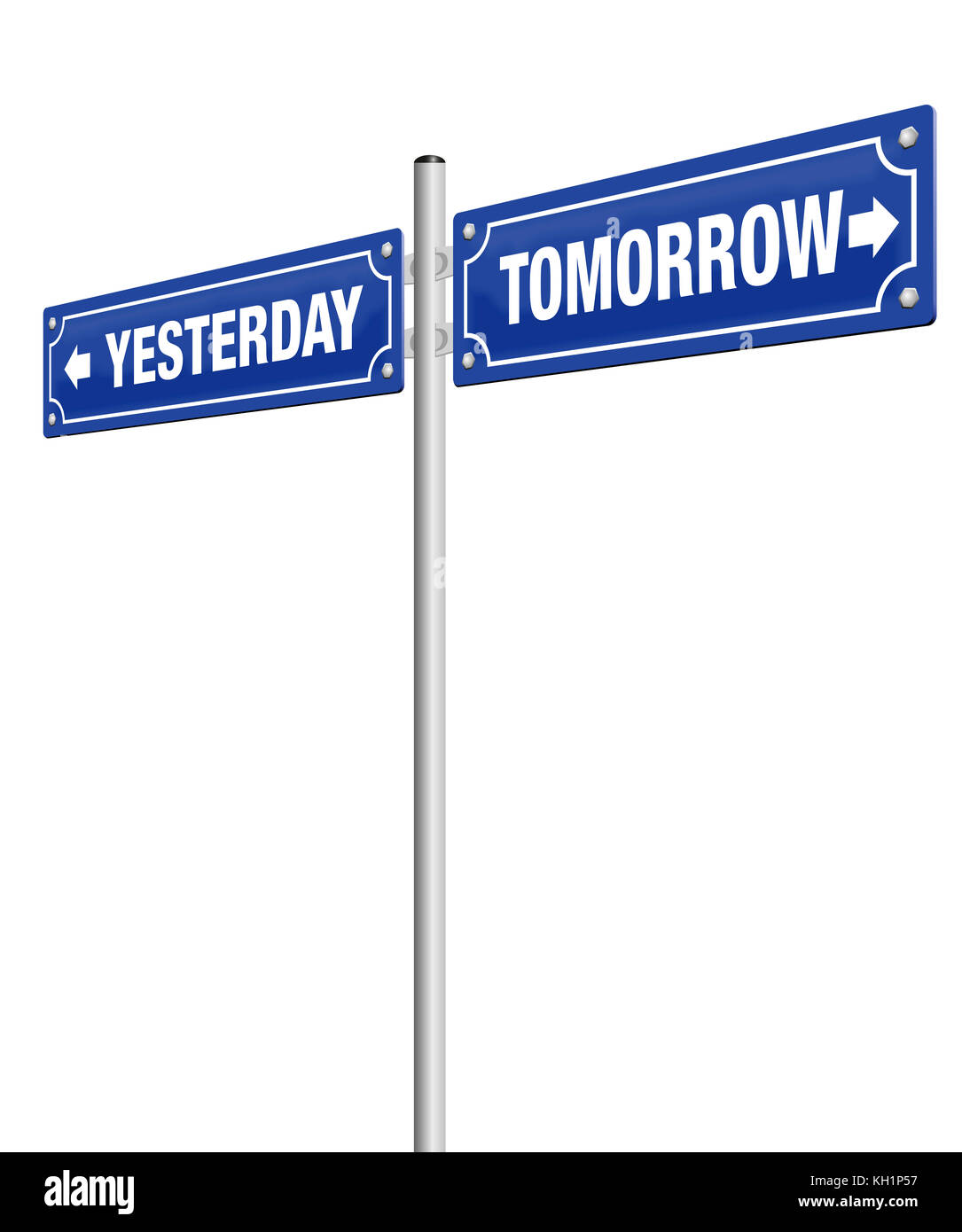 YESTERDAY and TOMORROW, written on two road signs in opposite direction - symbolic for past and future, for finished and coming, for aged and modern. Stock Photo