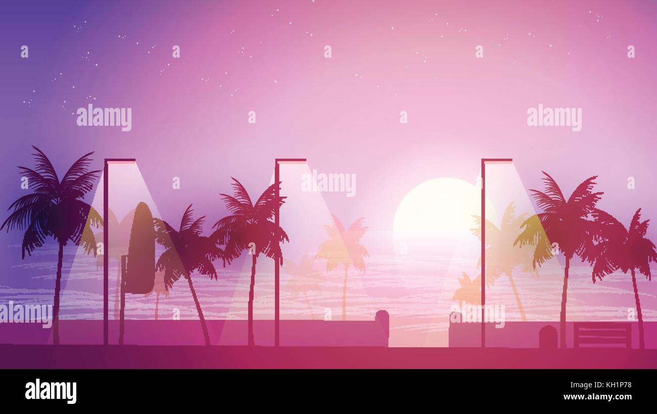 Beach Walkway at Sunset with Palm Trees - Vector Illustration Stock ...