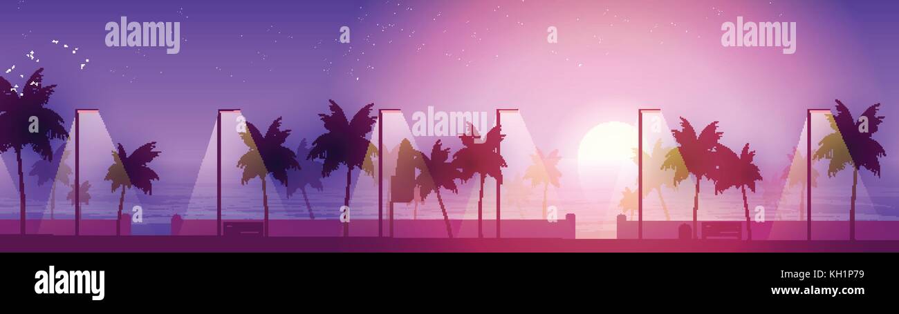 Beach Walkway at Sunset Panorama with Palm Trees - Vector Illustration ...