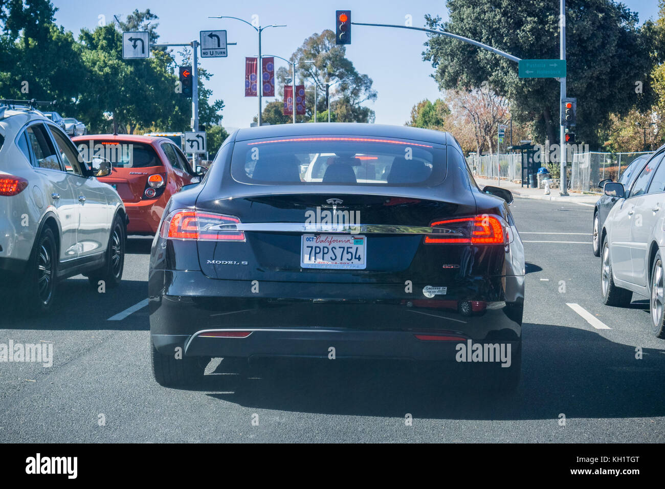 October 14, 2017 Sunnyvale/CA/USA - Tesla Model S 85D stopped at a traffic light in San Francisco bay area Stock Photo