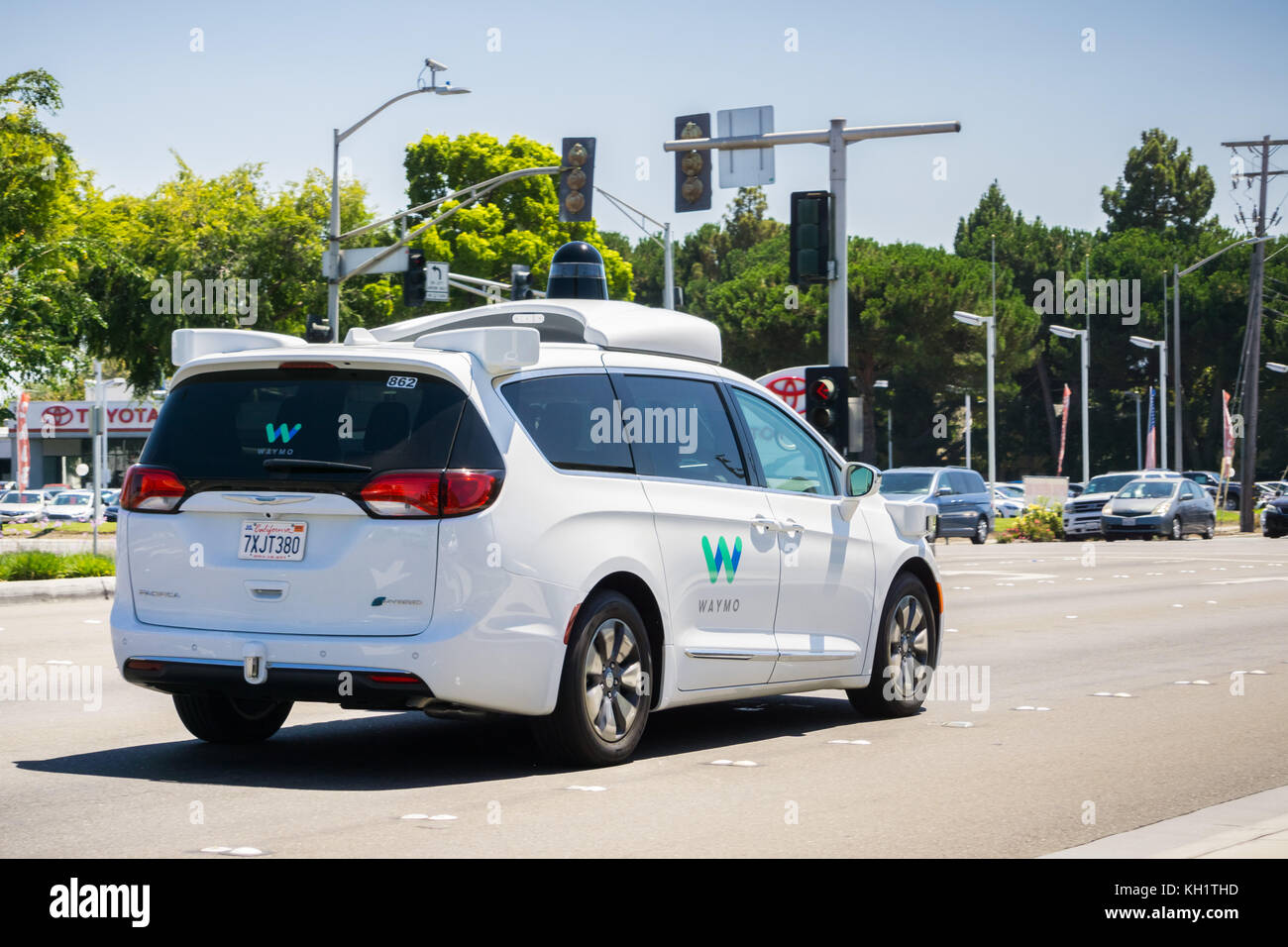 August 6, 2017 Mountain View/Ca/USA - Waymo self driving car cruising on a street, Silicon Valley Stock Photo
