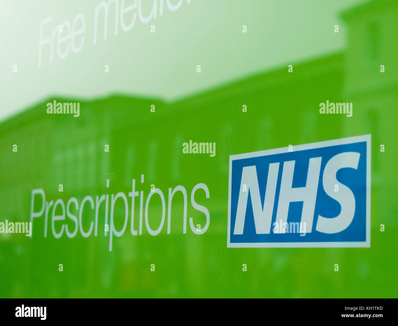 National Health Service prescriptions sign in pharmacy shop window ...