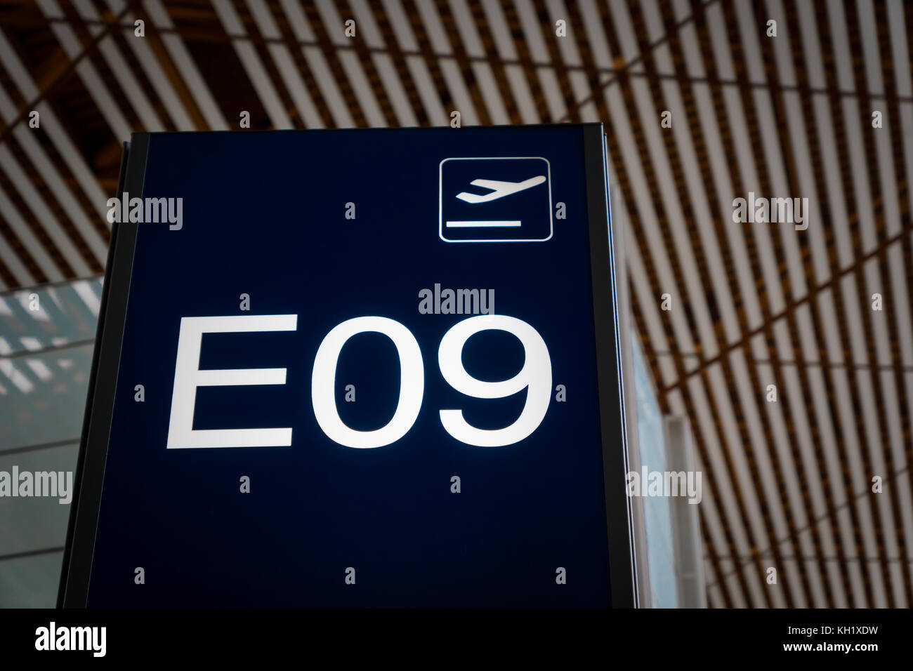 Airport Boarding gate entrance number sign board in departure area