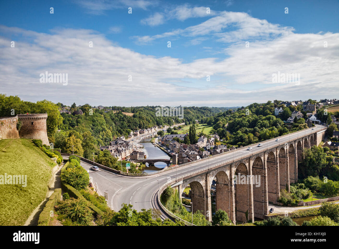 A view over the viaduct, the River Rance,  and the old port of Dinan, Brittany, France. Stock Photo