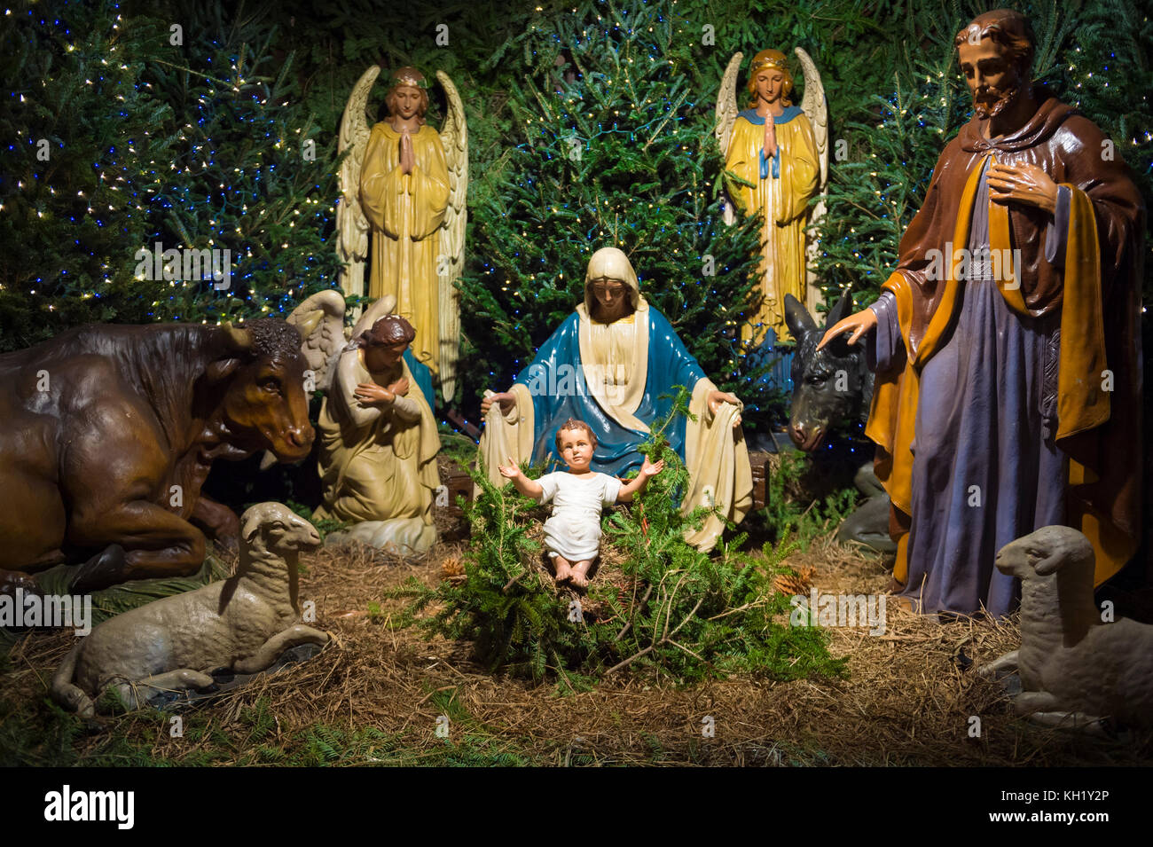 Christmas nativity scene with Mary, Joseph, and the Angel Gabriel