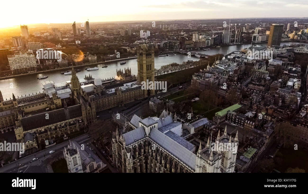 Aerial View Photo Iconic English Landmark Big Ben Clock Parliament feat British Flag in City of Westminster on 09 April 2017 in London UK Stock Photo