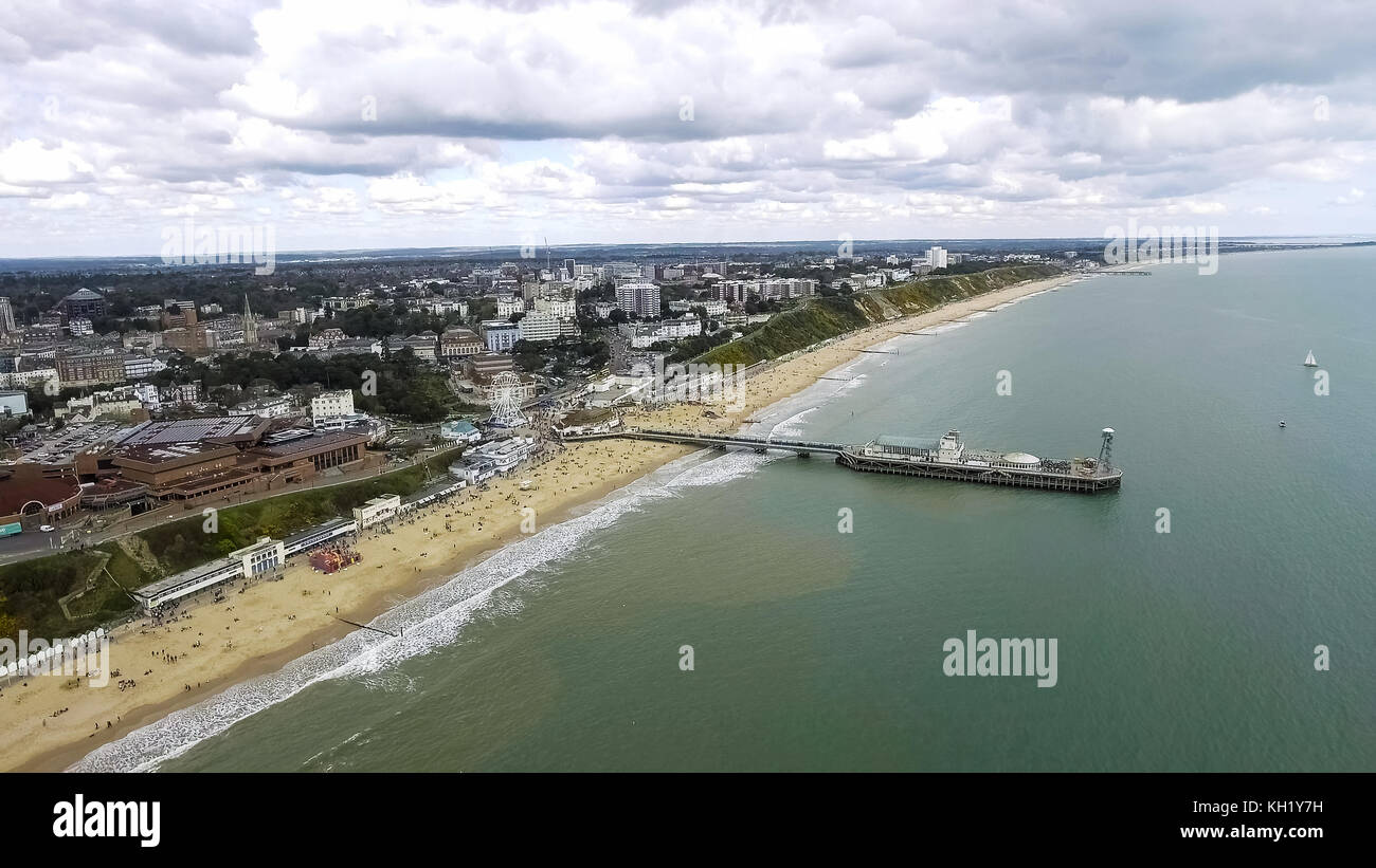 Beautiful Aerial View Photo of Bournemouth Pier Cityscape at Beach feat. Sea Front and Coast in England UK Stock Photo