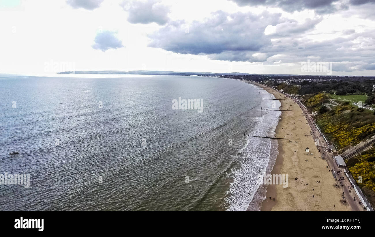 Aerial View Image of English Seaside Beach of Bournemouth City Coast feat Skyline and Clouds, UK Stock Photo
