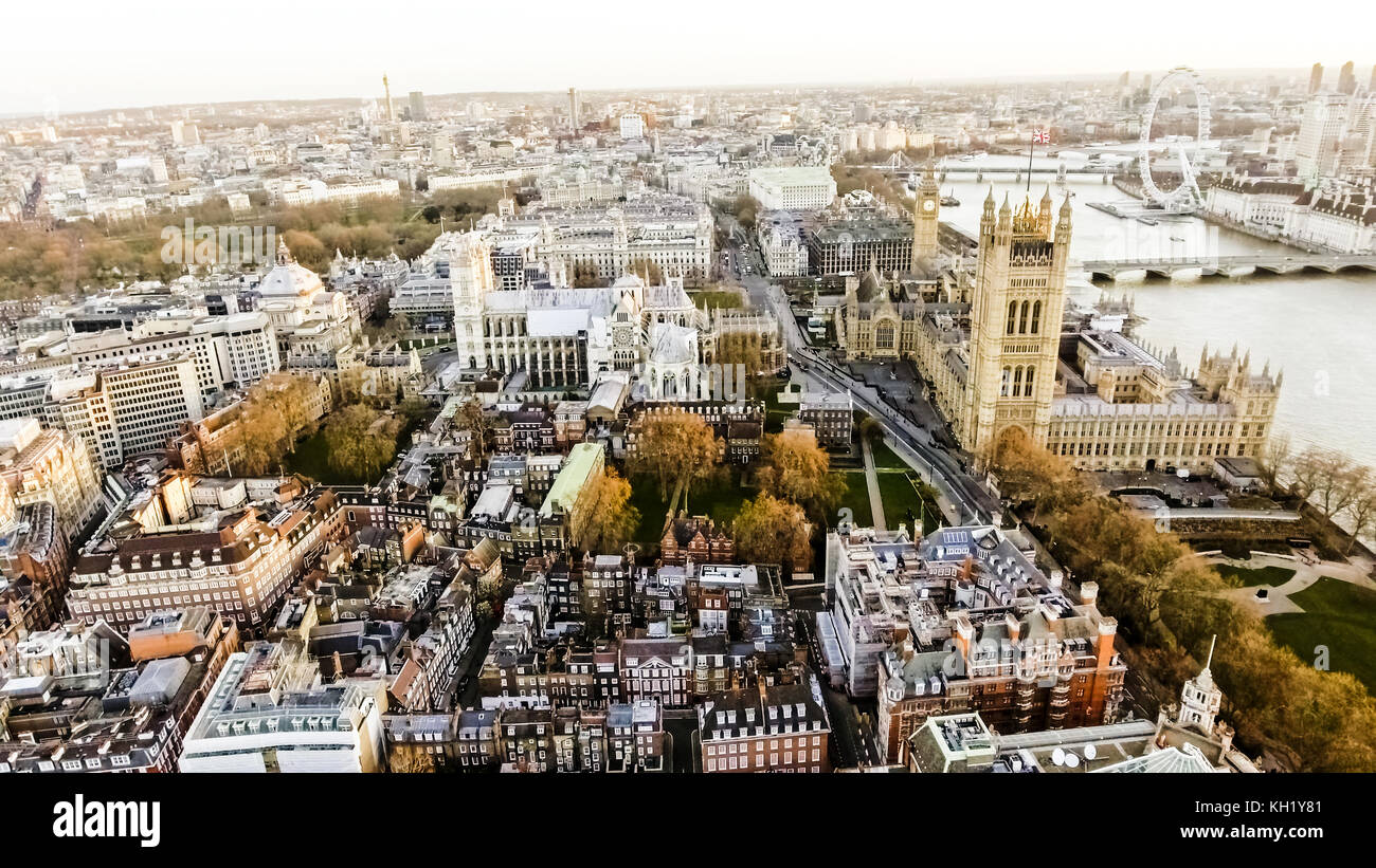 Aerial View Photo of Big Ben aka City of Westminster in London, England UK at Dawn Time Early Morning with Beautiful Sunrise in Autumn Stock Photo