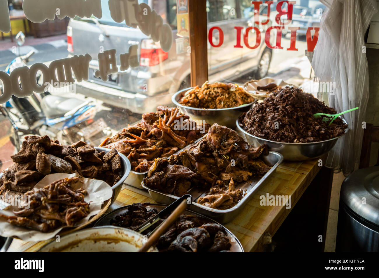 Indonesian street restaurant of Gudeg, traditional exotic indonesian food popular in Java, Indonesia Stock Photo