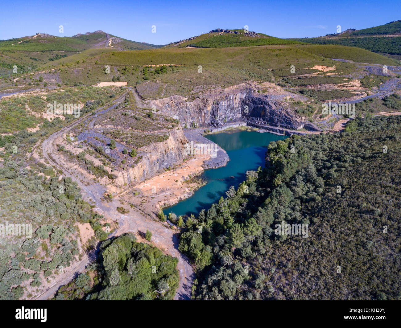 Aerial view of abandoned slate mine with water pond Stock Photo