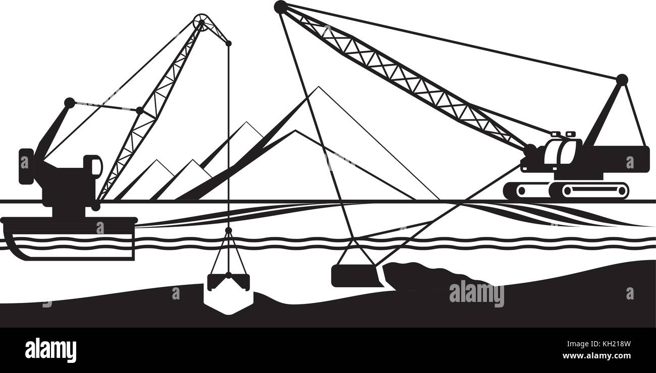 Cranes extracting sand from bottom of river - vector illustration Stock Vector