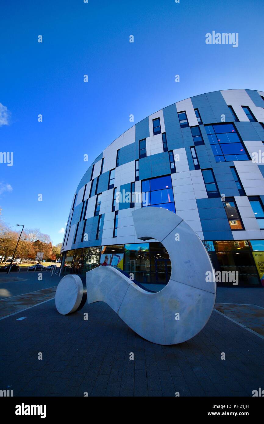 The University of Suffolk’s distinctive building with it’s large question mark sculpture. Ipswich marina, Suffolk. Stock Photo