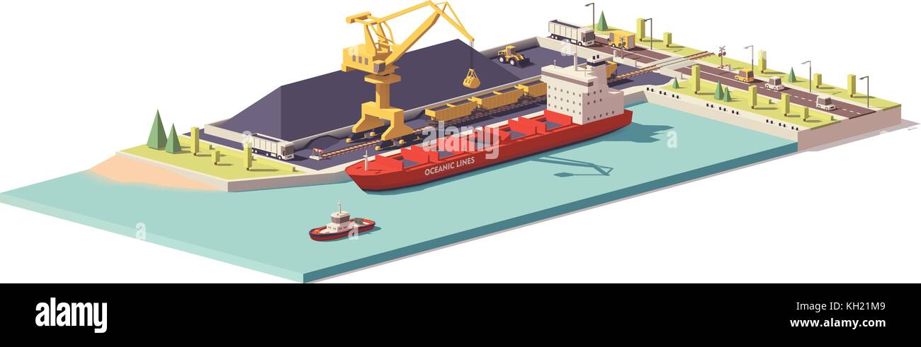 Vector low poly coal terminal and bulk carrier Stock Vector