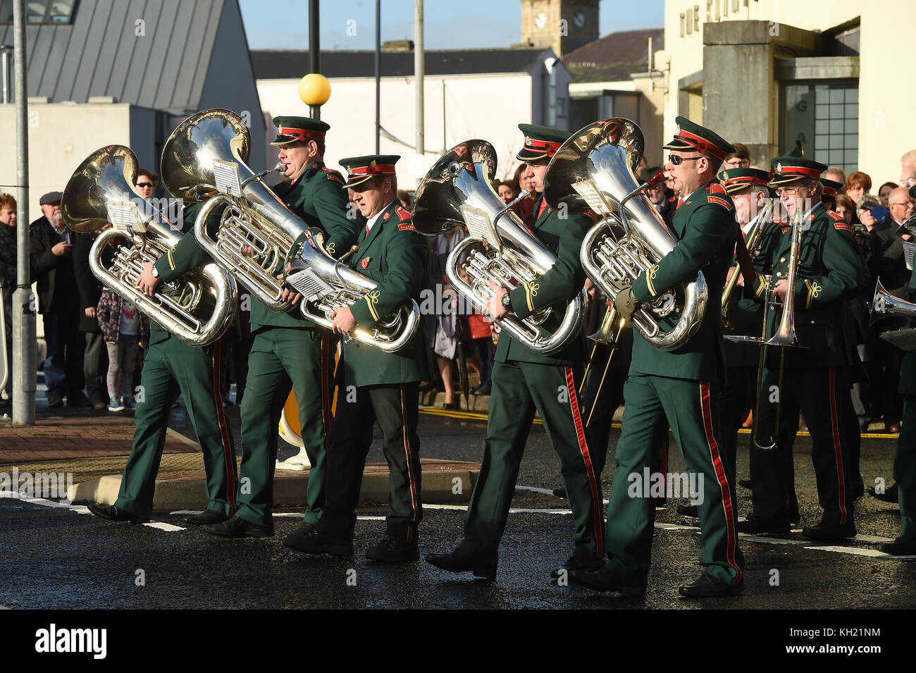 A band plays during events to remember the 12 victims of the IRA's 1987 Remembrance Sunday bomb attack in Enniskillen, Co Fermanagh. Stock Photo