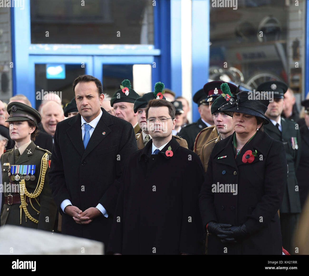 (left to right) Taoiseach Leo Varadkar, Secretary of State, James Brokenshire and DUP leader Arlene Foster, during events to remember the 12 victims of the IRA's 1987 Remembrance Sunday bomb attack in Enniskillen, Co Fermanagh. Stock Photo