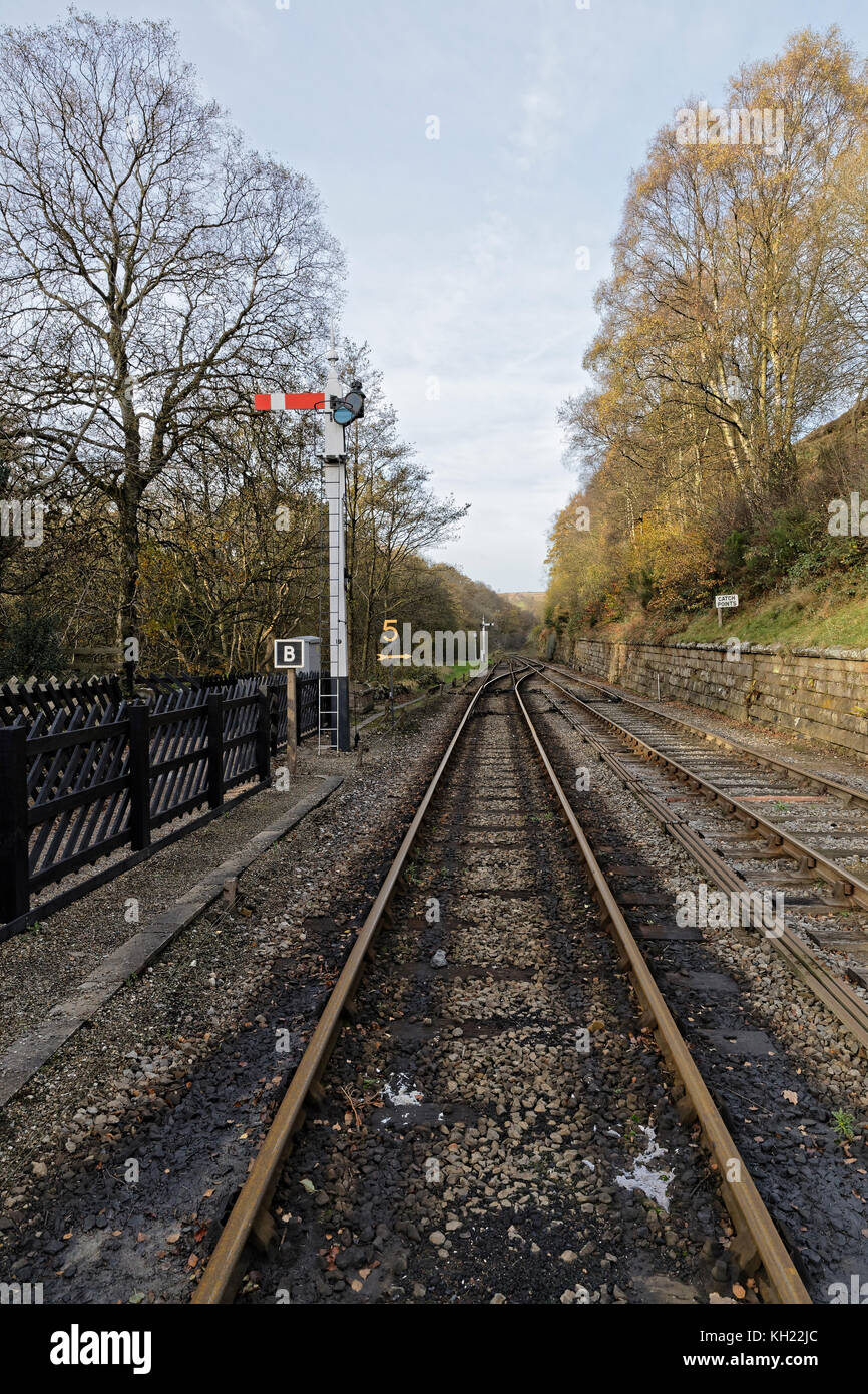 Moors Railway tracks disappearing into the distance past a semaphore signal marking catch points & sand drag. Looking towards Grosmont & Whitby. Stock Photo