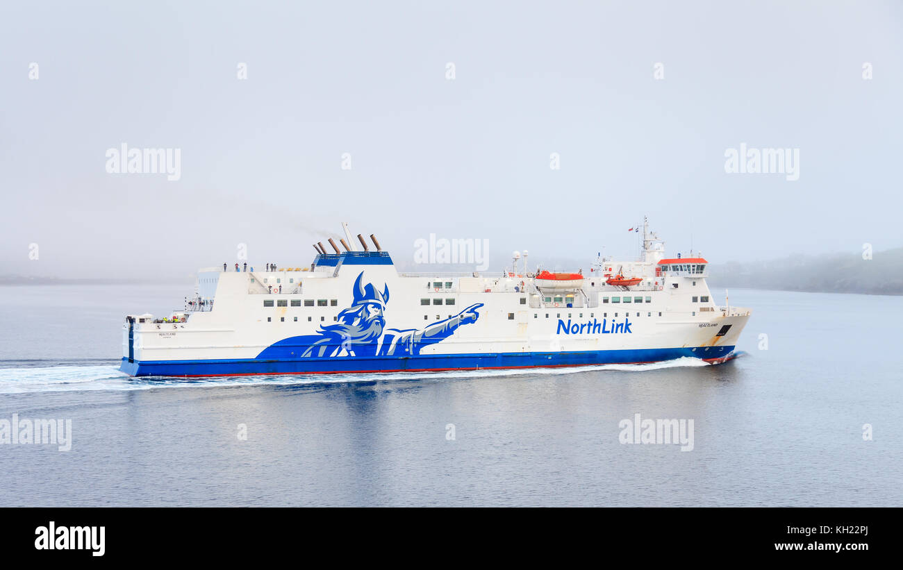 The NorthLink ferry MV Hjaltland is pictured approaching the port of Lerwick in the Shetland Islands, Scotland. Stock Photo
