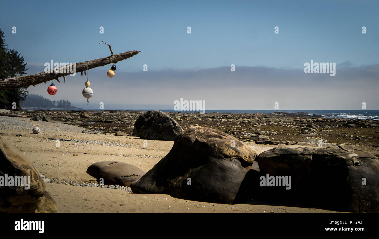 A typical beach scene along the trail, the bouys mark beach accesses and camp sites (West Coast Trail, Vancouver Island, BC, Canada) Stock Photo
