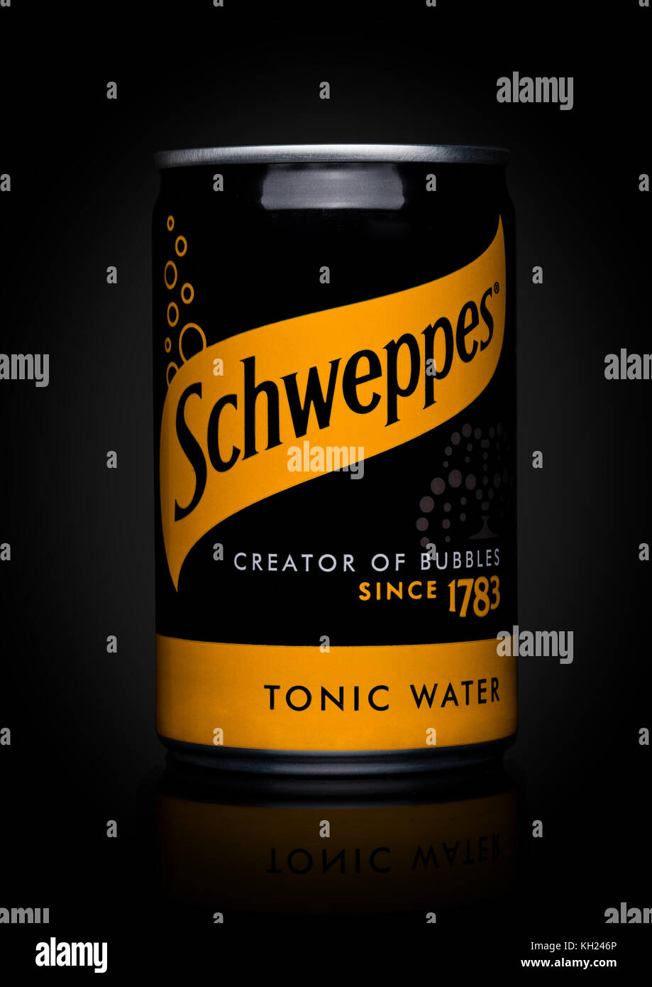 LONDON, UK NOVEMBER 10, 2017 Schweppes tin tonic water taste on