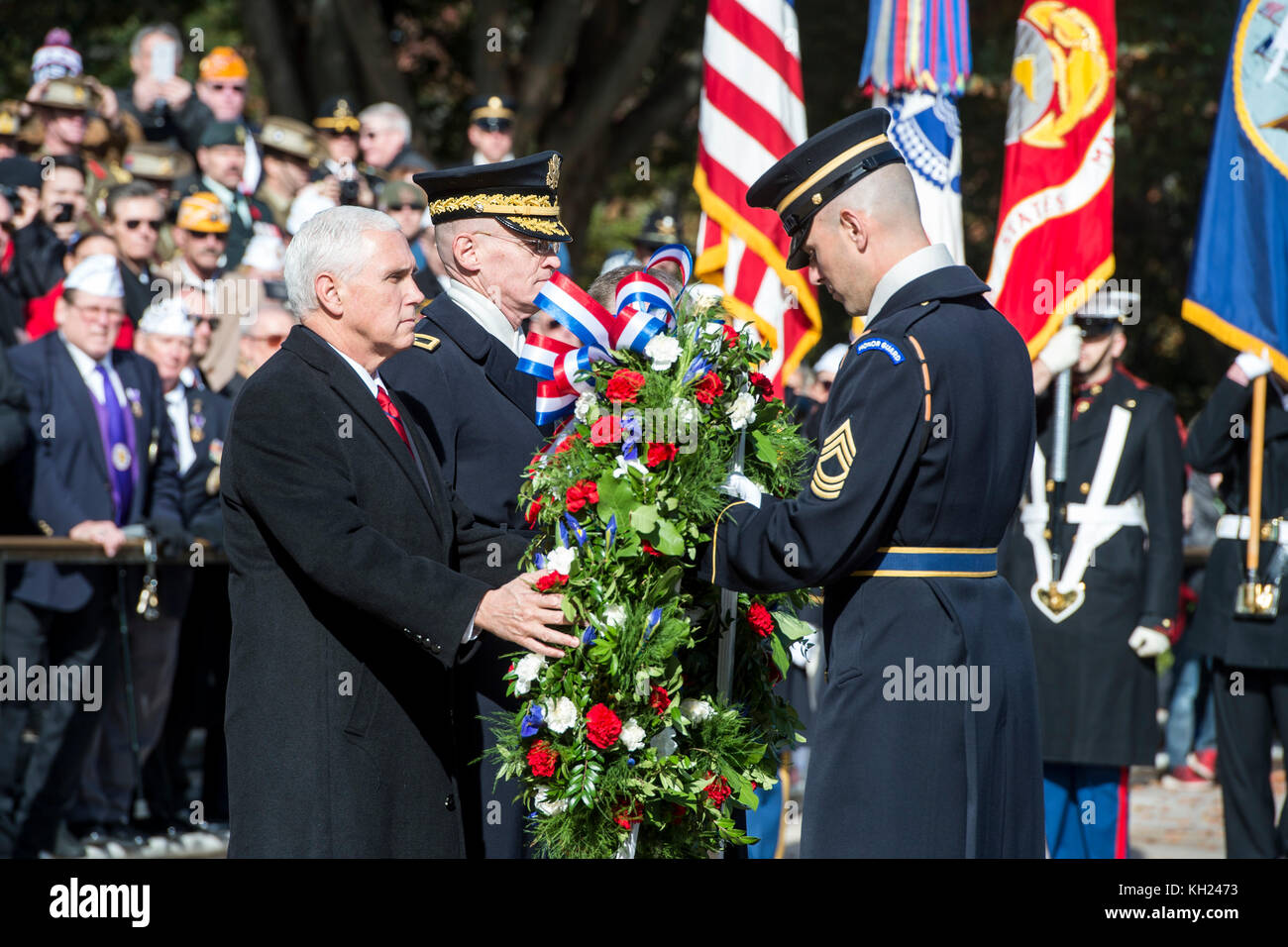 Vice President Michael Pence lays a wreath at the Tomb of the Unknown Soldier during a Veterans Day ceremony Nov. 11, 2017, at Arlington National Ceme Stock Photo
