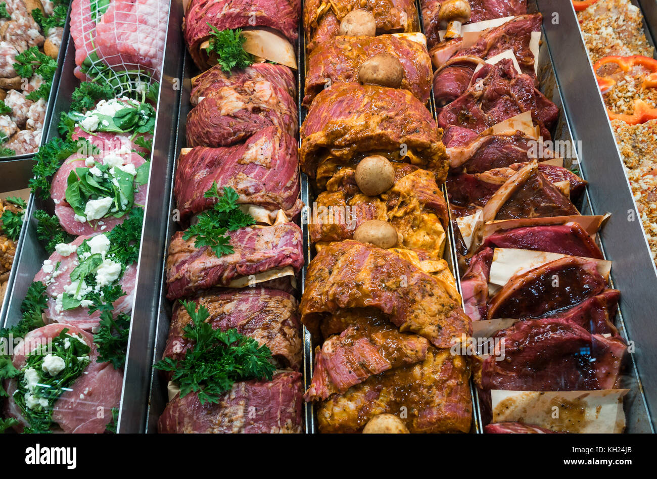 Special prepared meats for sale in a butcher shop Stock Photo Alamy