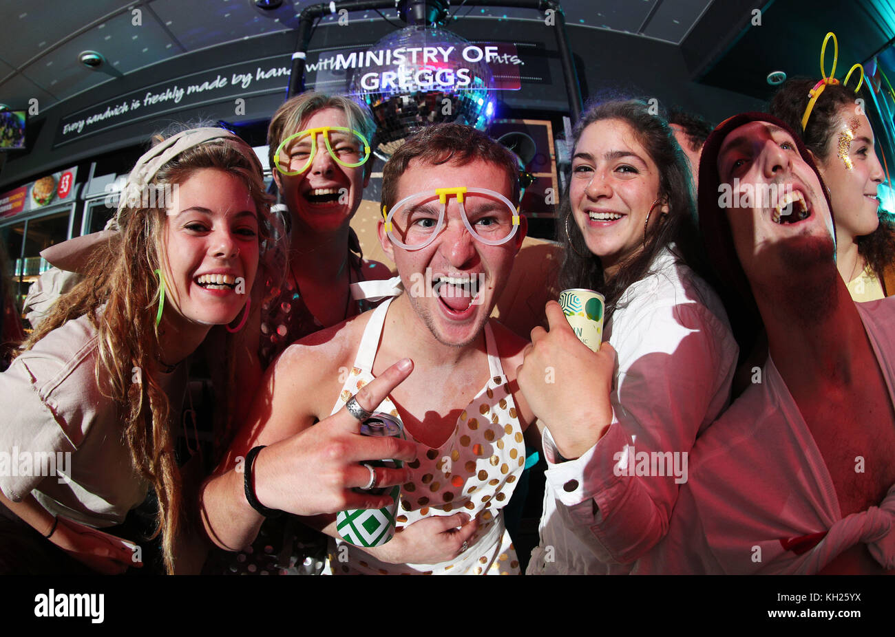 Greggs transformed their shop in Birmingham city centre into a nightclub after a bizarre request from a University of Birmingham student to hold a party there. The shop was made-over for one night only as ‘#MinistryofGreggs’, with a DJ, sound-system, disco lights, inflatable doughnuts and free Greggs sausage rolls and bakes.  Featuring: Atmosphere Where: Birmingham, United Kingdom When: 11 Oct 2017 Credit: Joe Pepler/PinPep/WENN.com Stock Photo