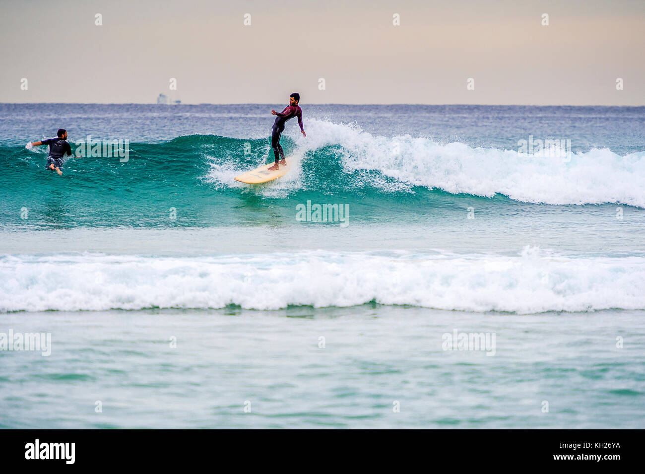 A surfer ride a wave at Sydney's iconic Bondi Beach, NSW, Australia Stock Photo