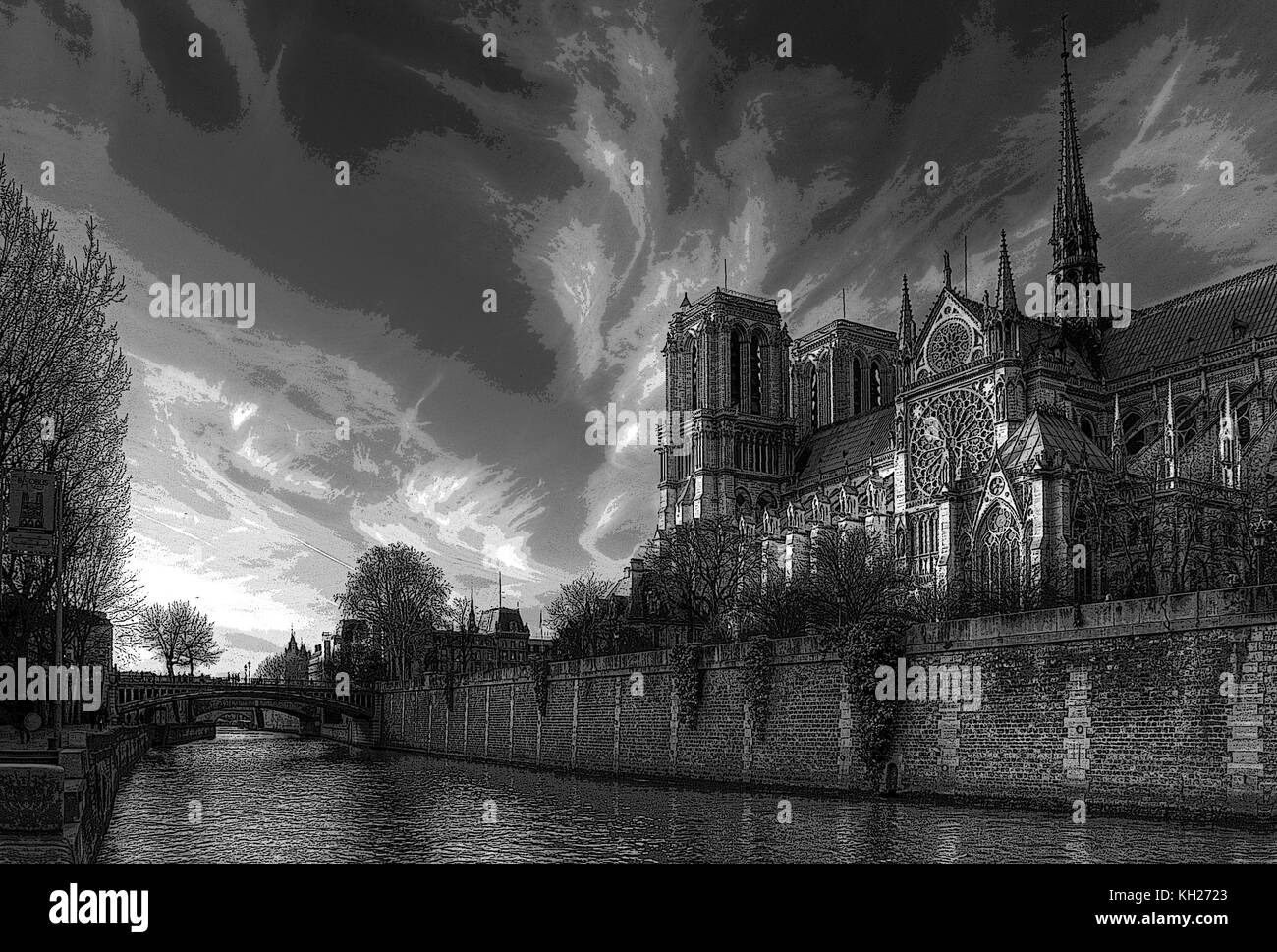 On the Seine at dusk - Notre Dame de Paris. Digital black & white painting Stock Photo