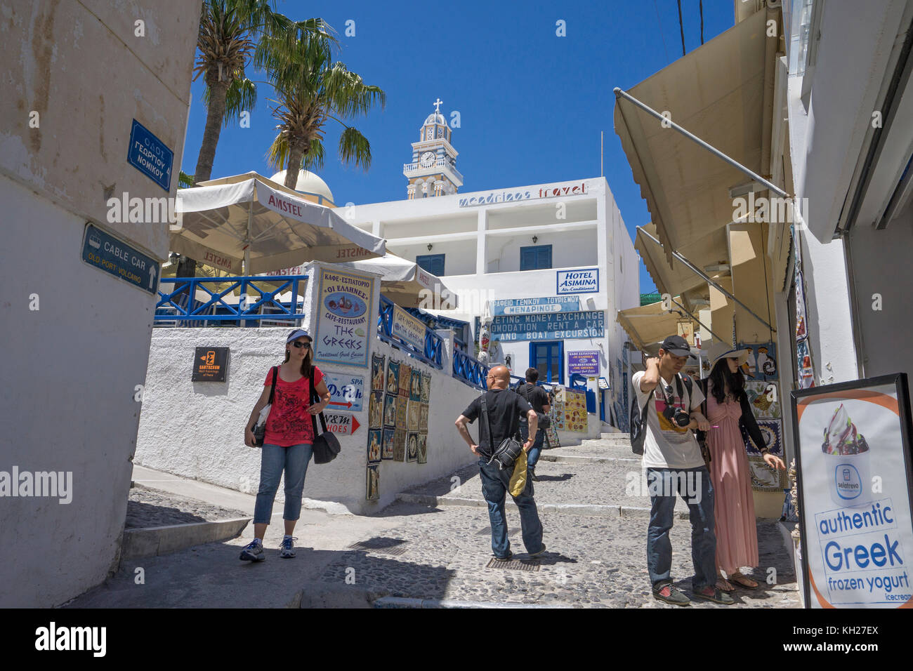 Tourists at a alley with souvenir shops at Thira, Santorini, Cyclades, Greece, Mediterranean Sea, Europe Stock Photo
