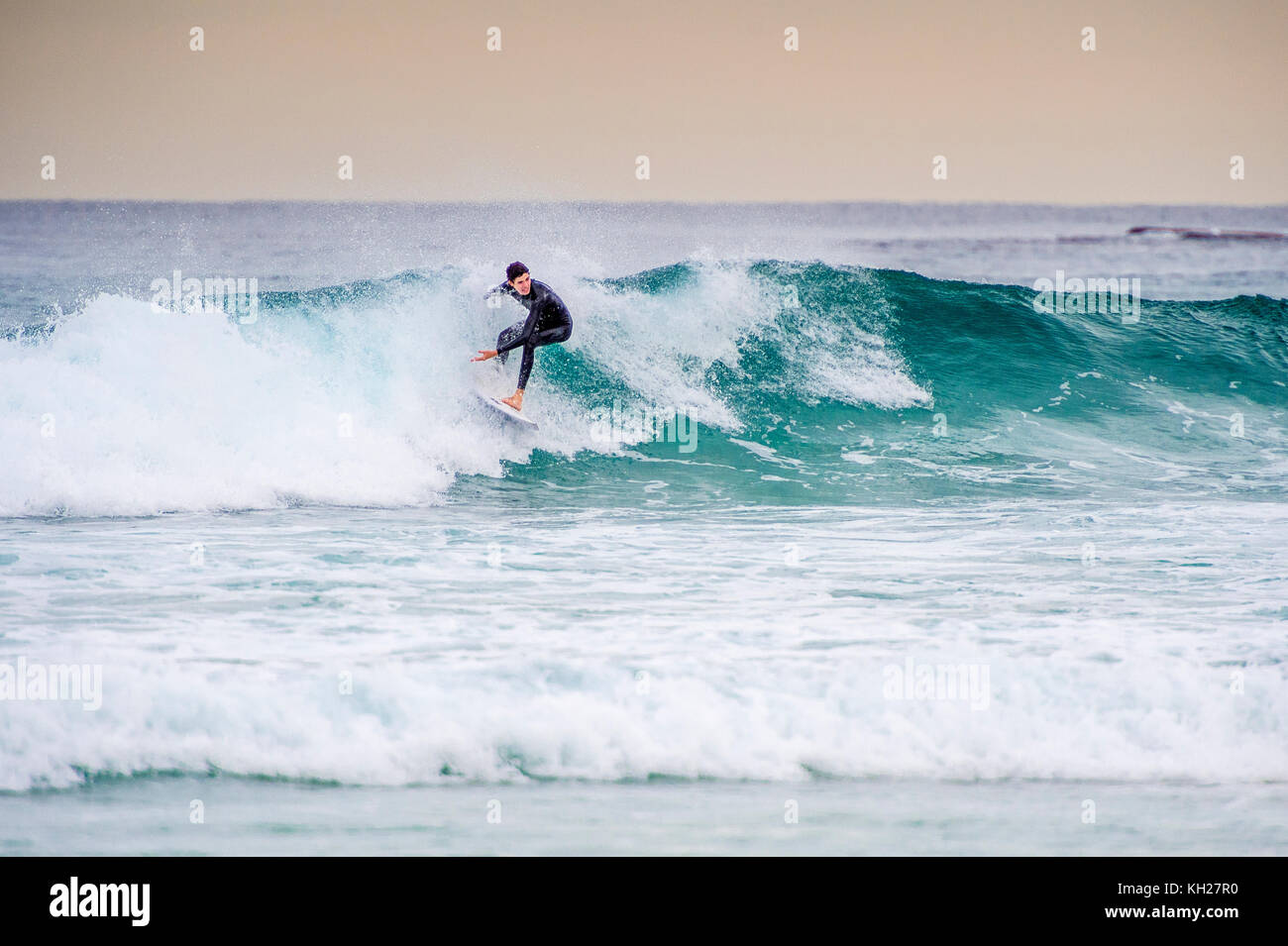 A surfer ride a wave at Sydney's iconic Bondi Beach, NSW, Australia Stock Photo