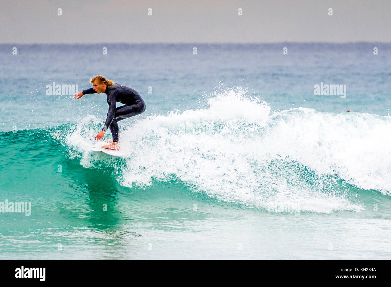 A surfer ride a wave at Sydney's iconic Bondi Beach, NSW, Australia Stock Photo