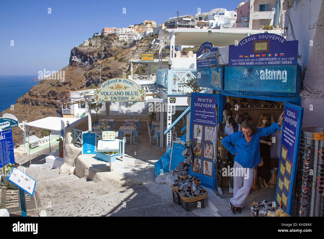 Souvenir shop and tavern at the crater edge path, Thira, Santorini, Cyclades, Greece, Mediterranean Sea, Europe Stock Photo